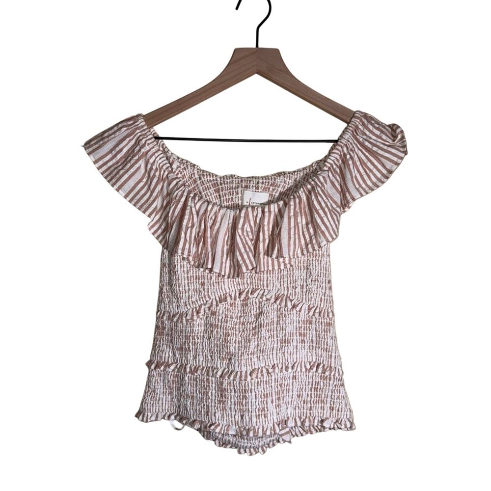 ANTHROPOLOGIE smocked ruffle girlhoodcore pink and white blouse XS